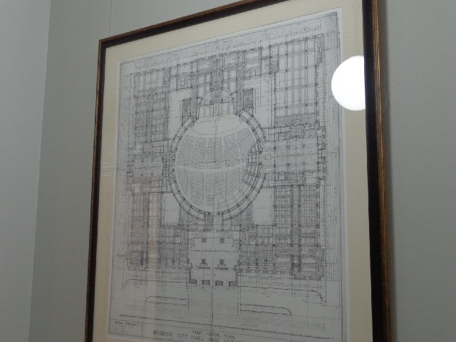 The plans of each floor of the building are on display. The round room is the main auditorium.