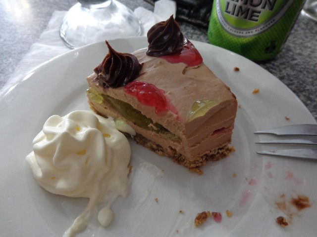 It's a chocolate cheesecake with jelly in it. the woman in the cafe said here son came up with the i...