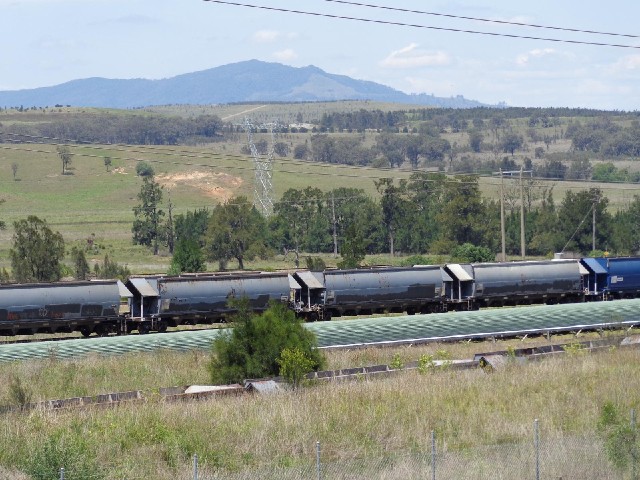 A coal train parked alongside one of the conveyors.