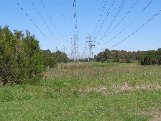 A broad strip of parkland runs out from the city under the power cables.
