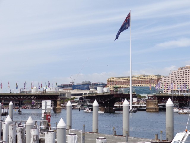 The Pyrmont Bridge opening to let a boat with a mast through.