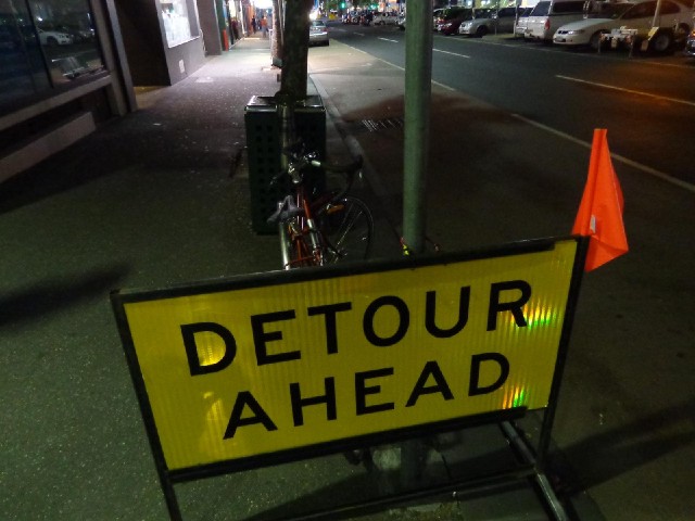 My bike has acquired a detour sign since I parked it here.