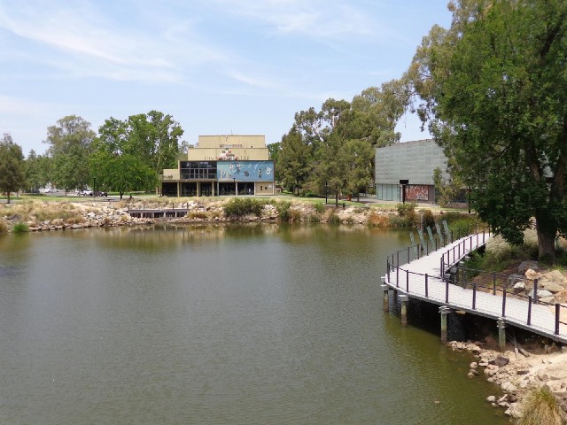 The theatre, at one end of Wollundry Lagoon, a lake about 1200 m long but only about 30 m wide.