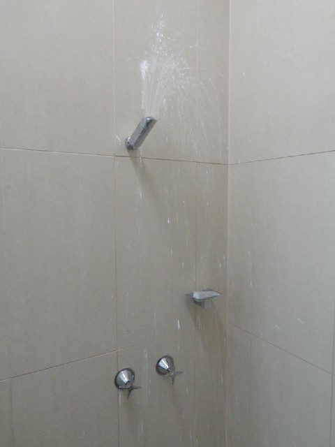 The shower head here is below head height but it can be made to squirt upwards so I can still stand ...