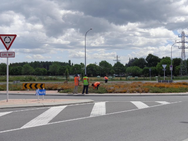People weeding a roundabout.