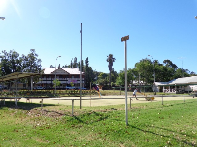 The bowling green, the Nannup Hotel and another marker of the 1982 flood.