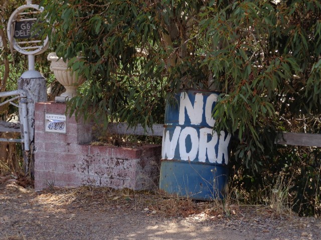 Several of the farms along this road had signs like this, sometimes saying "No work needed"...