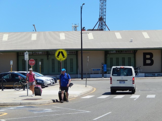 Passengers heading away from Fremantle ferry terminal. Ferries run from here to Perth, which is abou...