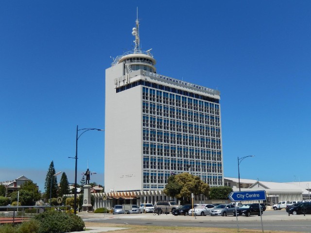 The port administration building, with the control tower on top.