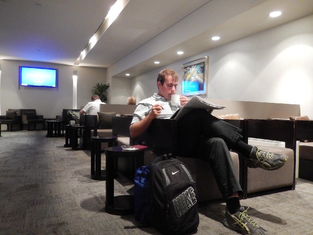 This lounge is better. It has free newspapers so I can look at the West Australian's cryptic crosswo...