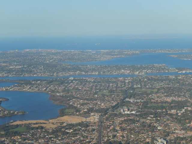 Fremantle is on the left and Rottnest Island is in the distance on the right.