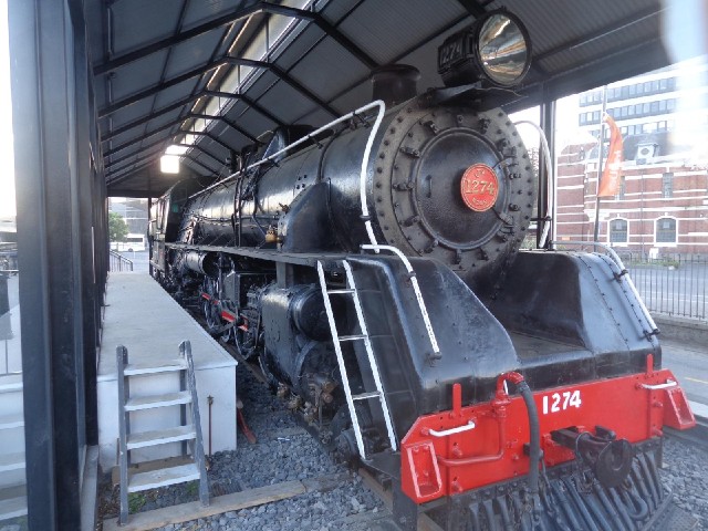An old locomotive on display at Dunedin station.
