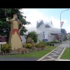 The shepherd statue belongs to a church. The giant dog is the tourist information centre and toilets...