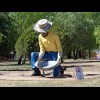 A large statue of somebody panning for gold. This is an advert for the Goldpanner Motel but is proba...