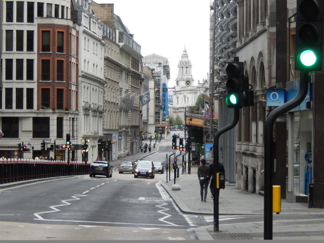 Looking along Cannon Street towards St. Paul's.