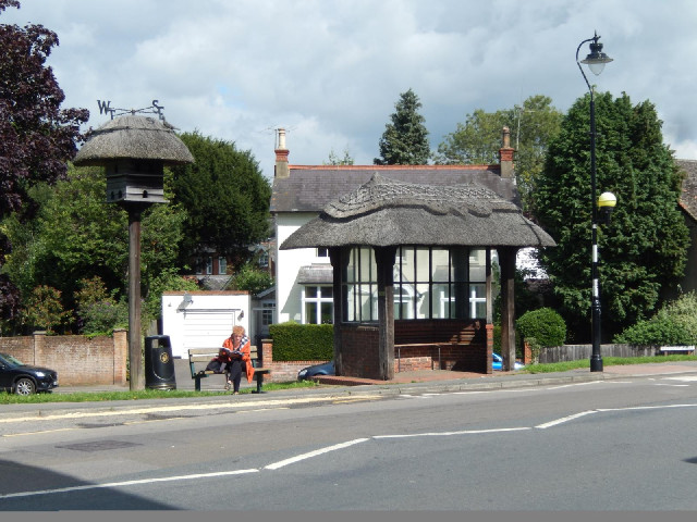 A thatched bus stop and bird house in Westcott.