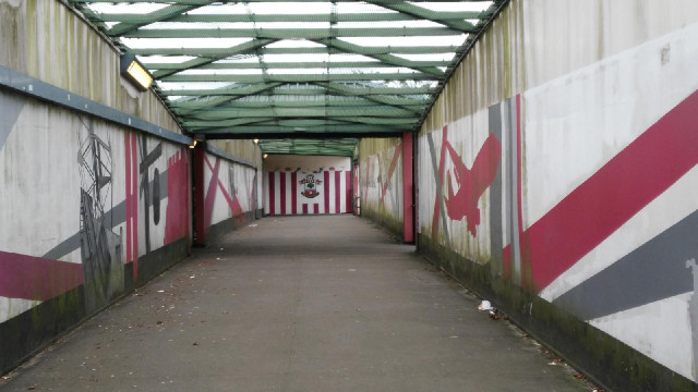 The bridge leading over the railway lines to Southampton's St. Mary's Stadium.