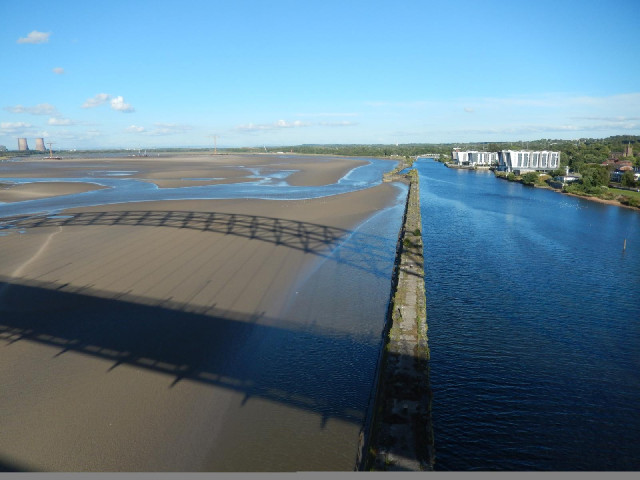The view from the bridge. On the left is the River Mersey, which flows from Manchester but is much t...