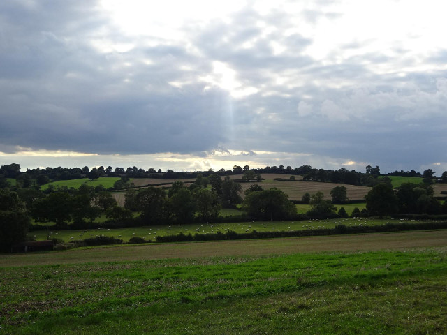 Some fields and a ray of sunshine shining through the clouds.