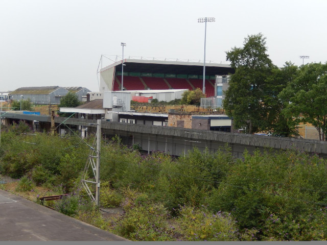 The football ground in Crewe, seen from the station.