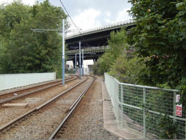 Tramlines and the double-decker Tinsley Viaduct.
