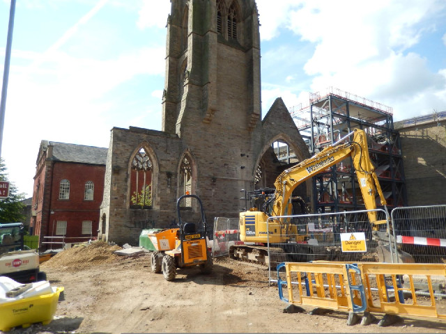 Most of the church has been removed but the tower has been left standing.