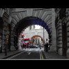 Archways through the terraces along both sides of Regent Street, which is where the bus is.