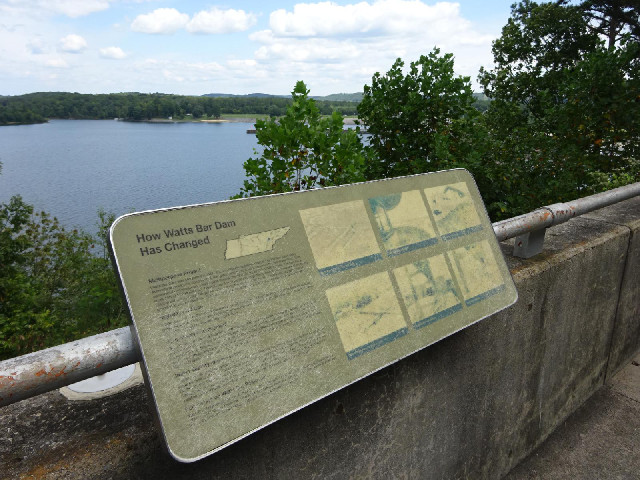 How Watts Bar Dam Has Changed: the sign has become so cracked that it's unreadable and trees have gr...