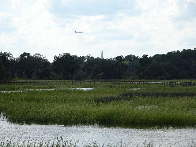 A swamp, a spire and a plane coming into Charleston Airport, where I will be on Sunday.