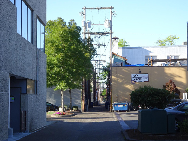 There's a weird alleyway which stretches for several blocks, with power cables suspended above it.