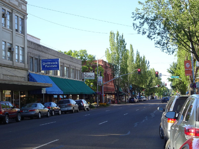 Downtown Corvallis. It seems like a very hip, trendy place, with loads of bookshops, bike shops, mic...