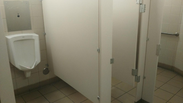 A toilet cubicle with a urinal in it.
