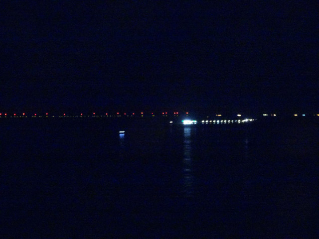 It's hard to tell in the dark but I think this is a cargo ship being led up the river by a pilot boa...