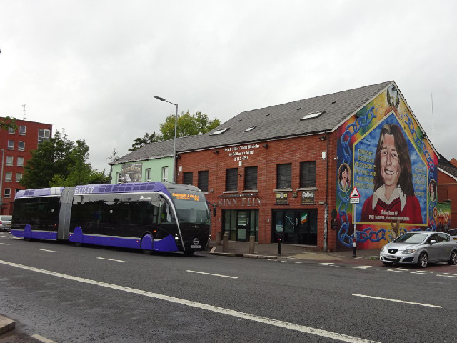 The Bobby Sands mural, and one of Belfast's very swish new buses.