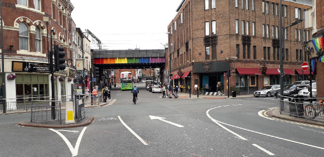 A rainbow bridge, near a couple of gay pubs.