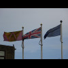 Colne's flags. The one on the left is one version of the flag of Lancashire.