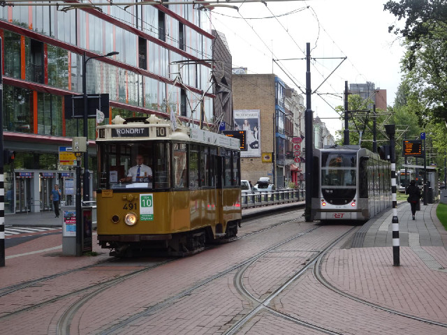 An old tram doing tours of the city.