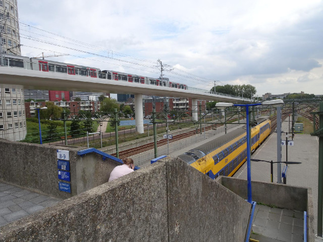 Trains arriving on two levels at once.