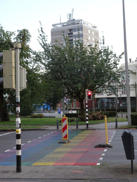 This seems to somehow be a gay pedestrian crossing. The red and green lights each have two figures h...