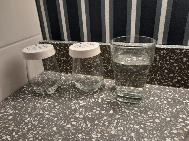 This hotel is so posh that it has real drinking glasses. That used to be very common but I noticed l...