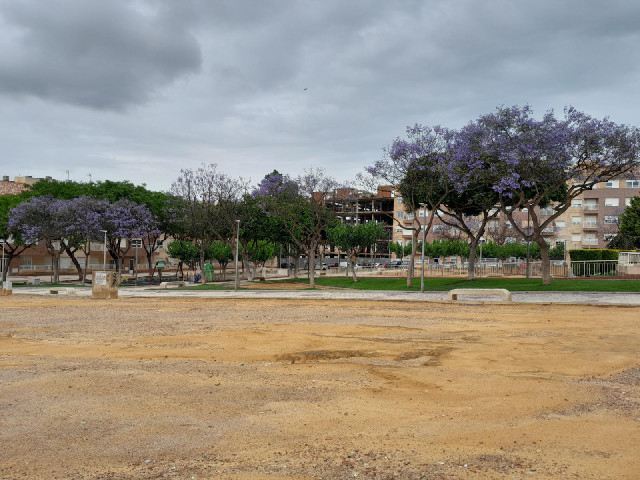 This square is a bit scruffy but the purple flowers on the jacaranda trees brighten it up.