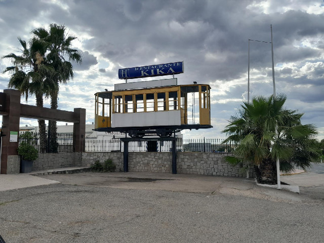 There is an old tram outside tonight's hotel.