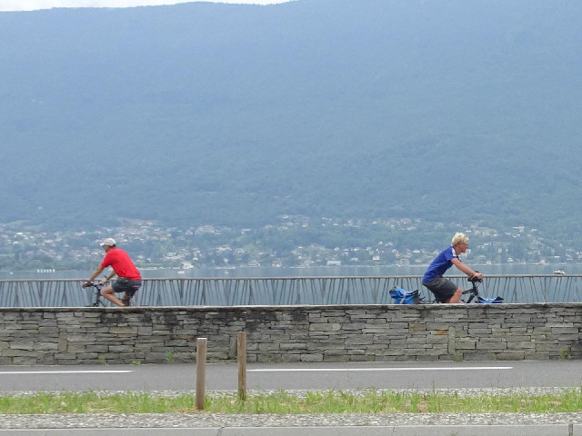 A loaded touring cyclist pedalling hard.