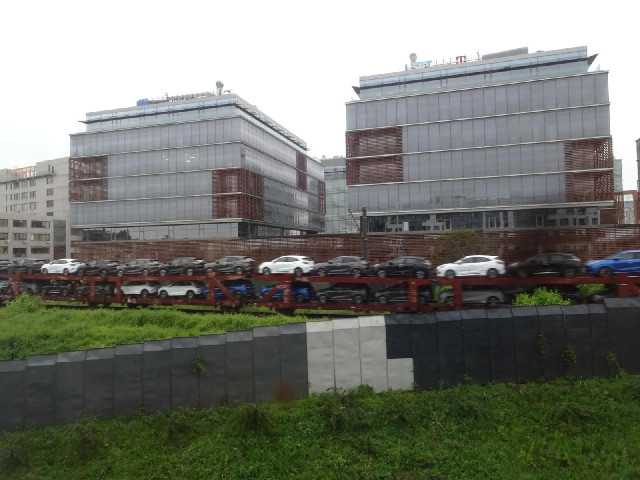 About 200 Ford Pumas coming past my window on a train.