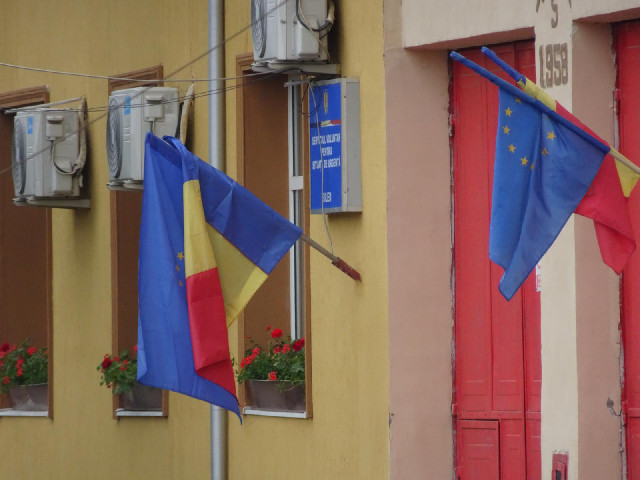 Flags on the fire station in Biled.