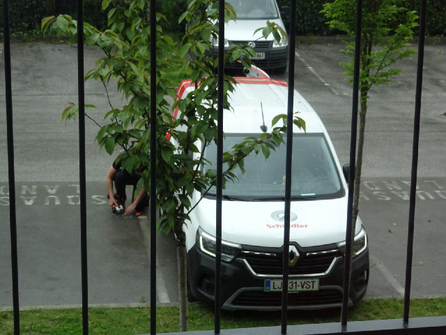 The rain has now started. Also, a lift technitian has arrived and started angle grinding something i...