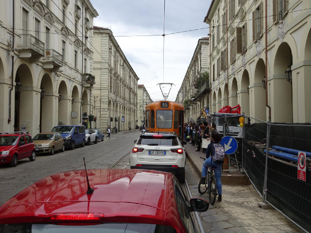 Waiting for a tram to move.
