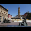 The statue on the pedestal in the background is the painter Francisco Goya, who grew up in the city....