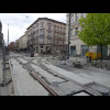 Exposed tram tracks.
