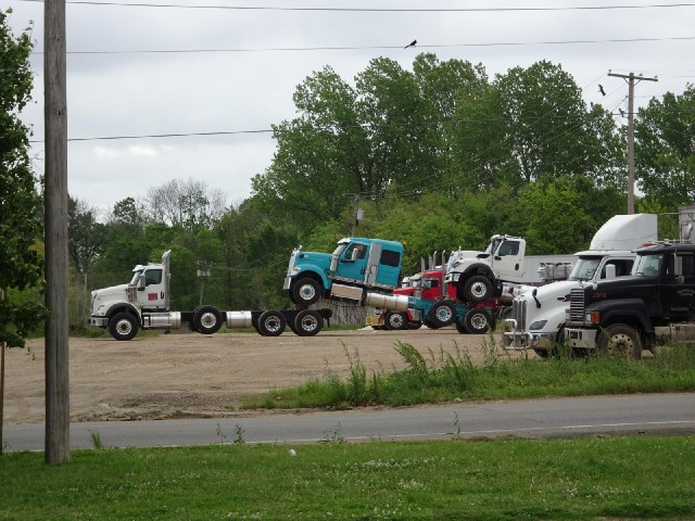 A train of lorry cabs like this is a fairly common sight in America.